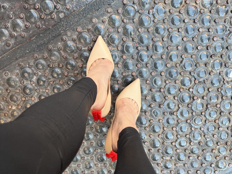 Casadei Blade Pump Beige with Red Ruffle